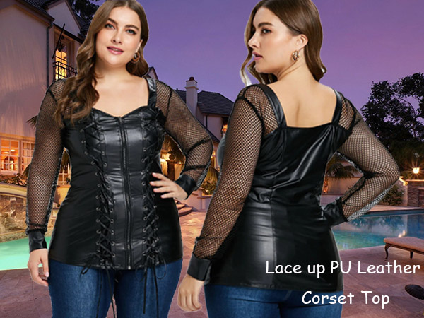 Women Plus Size Lace up PU Leather Tops Sexy Hollow Out Sleeve Gothic Corset Top