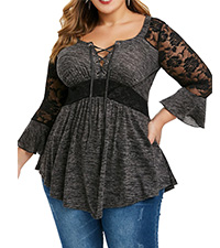 Plus Size Lace Trim Curvy Top for Women Lace-Up Front 3/4 Flare Sleeve Blouse Top