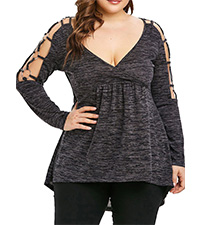 Plus Size T-shirt for Women Sexy V-Neck Cutout Long Sleeve Curve Top