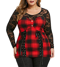 Plus Size Red Plaid Lace Trim Top for Women Double Grommet Lace-ups Corset Top