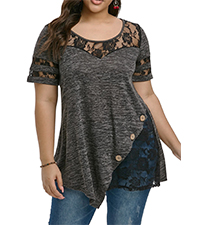 Women''s Plus Size T-Shirt Round Neck Short Sleeve Lace Trim Curvy Top