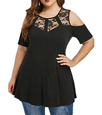 Women Plus Size T-Shirt Round Neck Cold Shoulder Short Sleeve Lace Trim Curvy Top