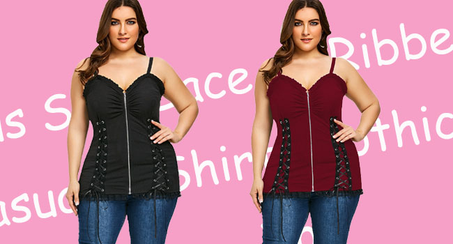 Women Plus Size Lace up Ribbed Tops Casual T-Shirts Gothic Corset Top