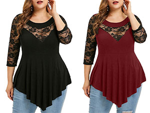 Women''s Plus Size Lace Panel Asymmetrical T Shirts 3/4 Sleeve Swing Tops