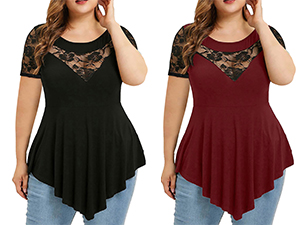 Women Plus Size Lace Panel Asymmetrical T Shirts Short Sleeve Swing Tops