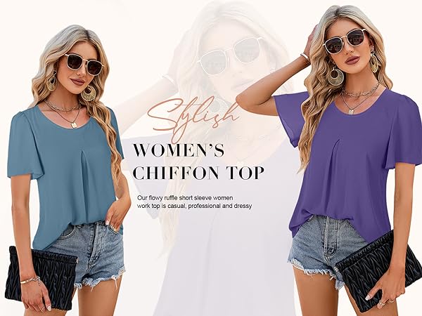 Women 2024 Summer round Neck Ruffle Short Sleeve Blouse Flowy Shirt Tunic Top