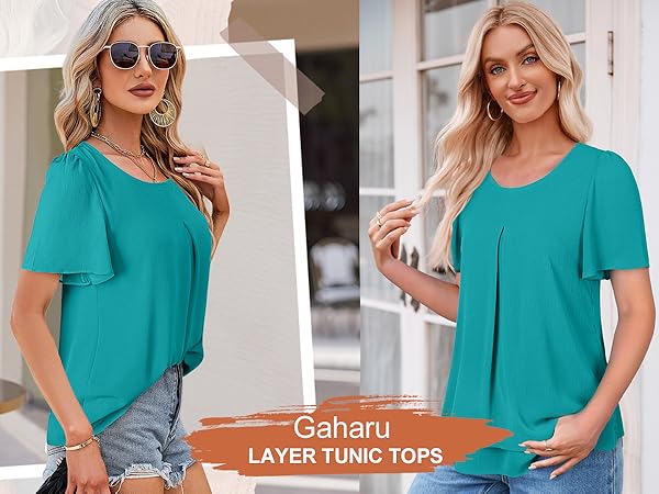 Flowy Shirt Tunic Top for Women Office Shirts and Blouses Ruffle Short Sleeve Casual Loose Shirt Top