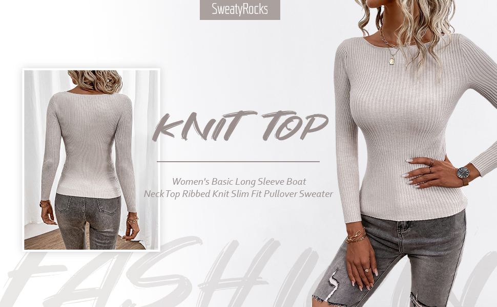 Basic Long Sleeve Boat Neck Top Ribbed Knit Slim Fit Pullover Sweater