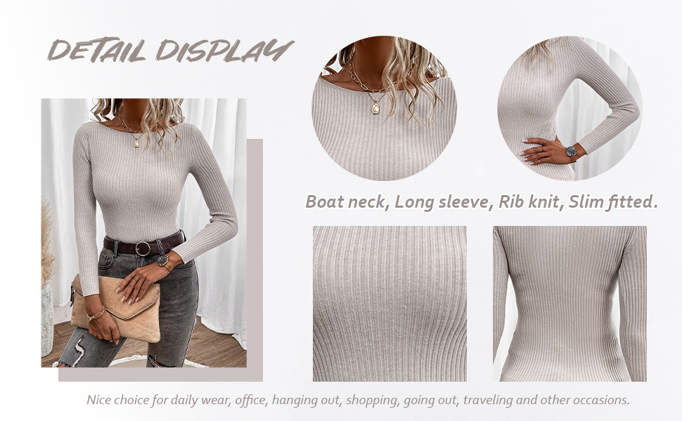 Basic Long Sleeve Boat Neck Top Ribbed Knit Slim Fit Pullover Sweater