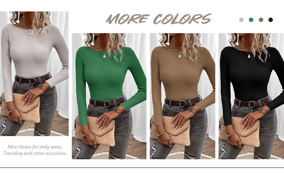 Basic Long Sleeve Boat Neck Top Ribbed Knit Slim Fit Pullover Sweater