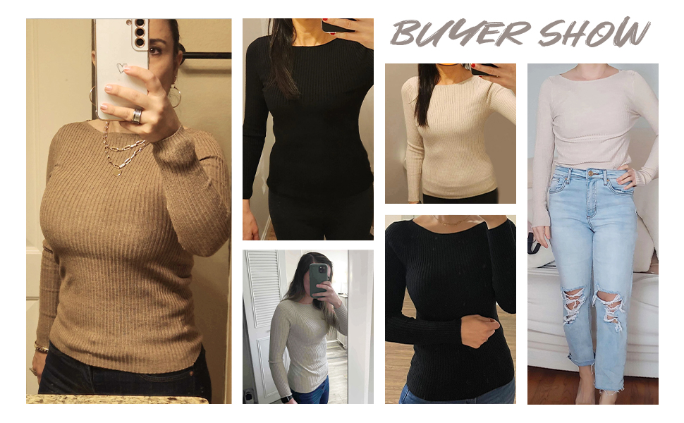 Basic Long Sleeve Boat Neck Top Ribbed Knit Slim Fit Pullover Sweater