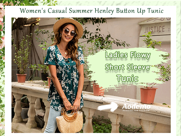 Aodemo Women''s 2024 Summer Henley V Neck Button Up Tunic