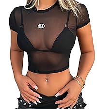 Sheer Mesh Crop Tops Slim Fit Short Sleeve See Through Shirt Top