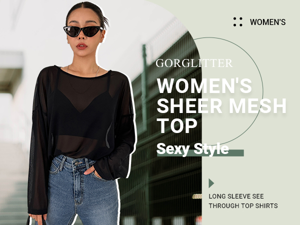 Sheer Long Sleeve Top Drop Mesh See Through Top Shirts