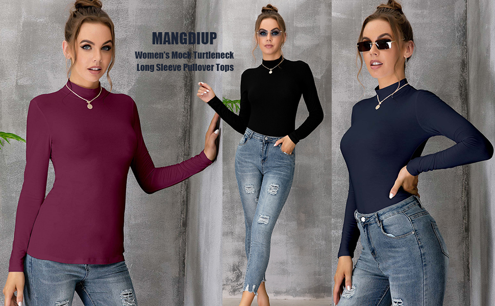 MANGDIUP Womens Mock Turtleneck Long Sleeve Pullover Tops T-Shirts