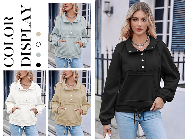 Women''s Hoodie Sweatshirts Long Sleeve Casual Fleece Half Button Drawstring Fall Pullover Tops