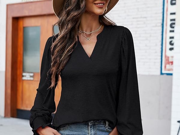 v neck long sleeve blouses woman