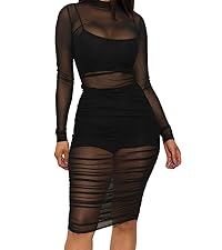 Women Sexy Bodycon Dresses See-Through Sheer Mesh Ruched Bodycon Party Club Night Dress