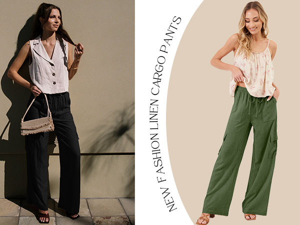 Linen Wide Leg Pants Casual Elastic Waisted Cargo Pants with Pockets