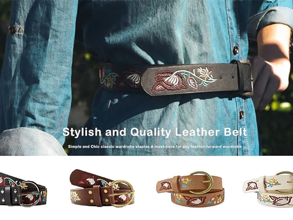 Flower Leather Belt for Jeans Pants Wide Belt for Ladies