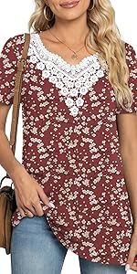 Short Sleeve Tunic Tops Crochet Lace 