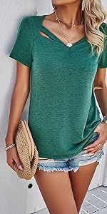 green cut out v neck women tee shirt