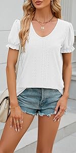 puff sleeve eyelet top for women