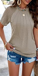 Womens Blouses Crewneck Sexy Patchwork Lace Eyelet Short Sleeves Tee Shirts