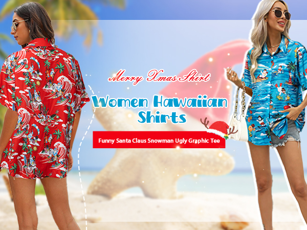 Merry Xmas Shirt Hawaiian Shirt Women Funny Santa Claus Snowman Ugly Graphic Tee