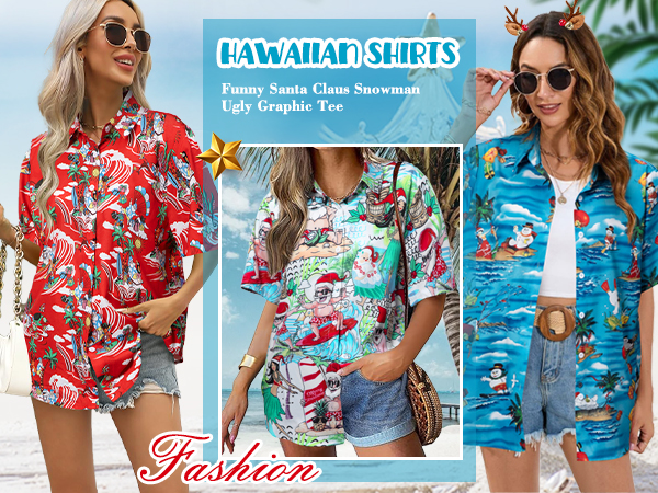 Summer Holiday Beach Blouses Button Up Tops Funny Santa Claus Snowman Ugly Tee