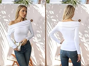 Boat Neck Off Shoulder Ruched Shirts Fall 2024