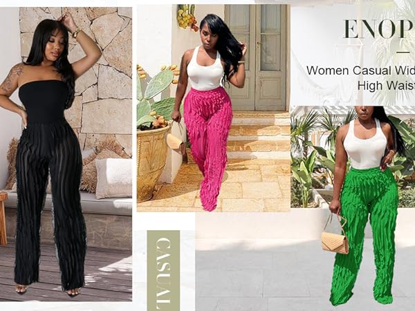 Women Casual Wide Leg Trousers Sexy High Waisted Pants Ruffle Lounge Trousers Pull On Pants 