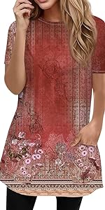 Trendy Short Sleeve T Shirts Plus Size Tunics or Tops to Wear with Leggings Casual Floral Blouses