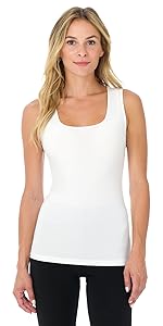 Model wearing off white sleeveless scoopneck top