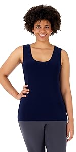 model wearing navy blue scoop neck top in plus size