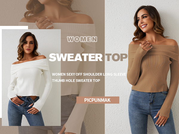 women rib knitted off shoulder long sleeve sweater top