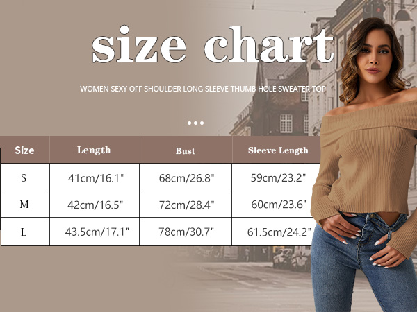 Size chart of the off the shoulder sweaters