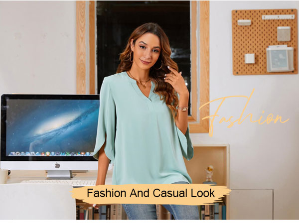 Women''s 3/4 Sleeve Blouses Casual V Neck Dress Shirts 