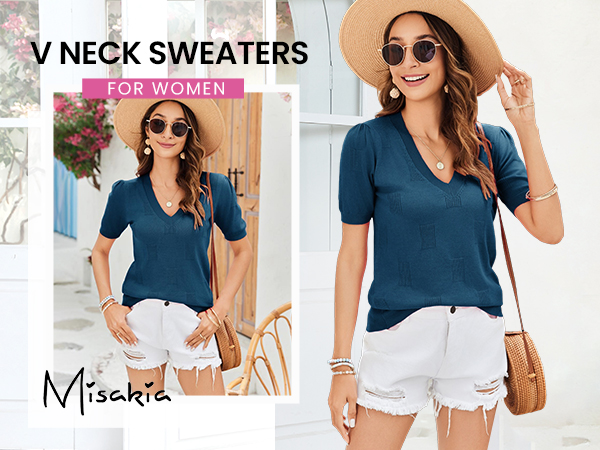 Misakia Womens Fashion 2024 V Neck Short Sleeve Sweaters Cute Summer Knit Tops Thin Casual Clothes 