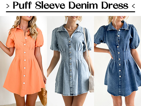 Women Puff Sleeve Slim Fit Jean Dresses