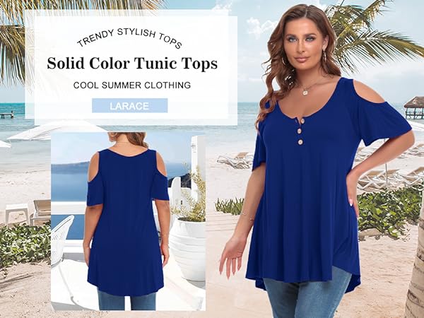 LARACE Cold Shoulder Tops for Women Plus Size V Neck T Shirts Short Sleeve Summer Clothes