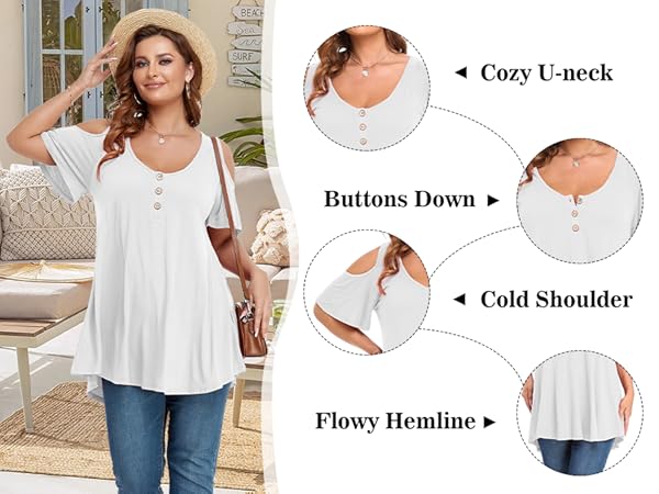 LARACE Cold Shoulder Tops for Women Plus Size V Neck T Shirts Short Sleeve Summer Clothes