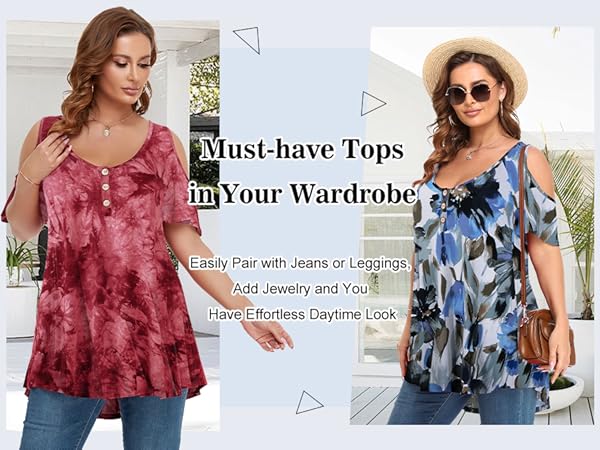 LARACE Cold Shoulder Tops for Women Plus Size V Neck T Shirts Short Sleeve Summer Clothes