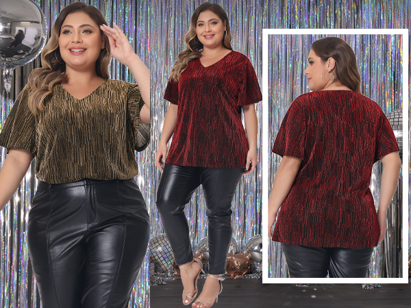 Plus Size Tops for Women V Neck Metallic Short Sleeve T-Shirt Party Blouses Tee Tops