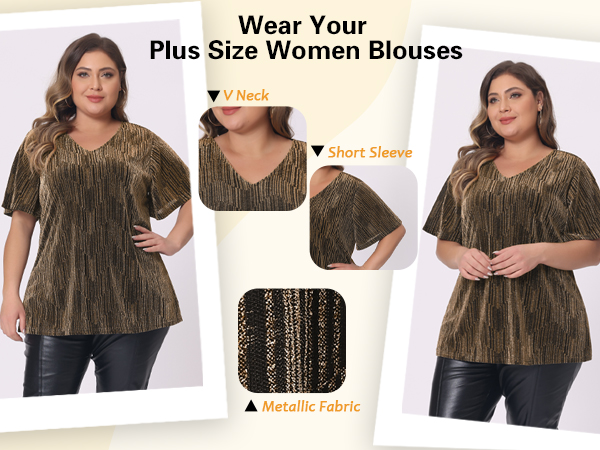 Plus Size Tops V Neck Metallic Short Sleeve T-Shirt Party Blouses Tee Tops