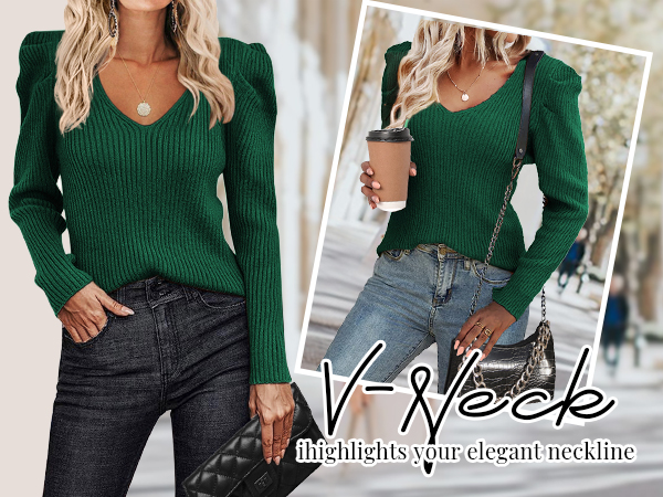 fall sweaters for women 2024 v neck sweater women white sweaters for women puff sleeve sweater