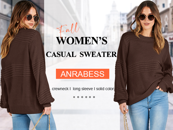 ANRABESS Women Crew Neck Long Sleeve Ribbed Knit Sweater