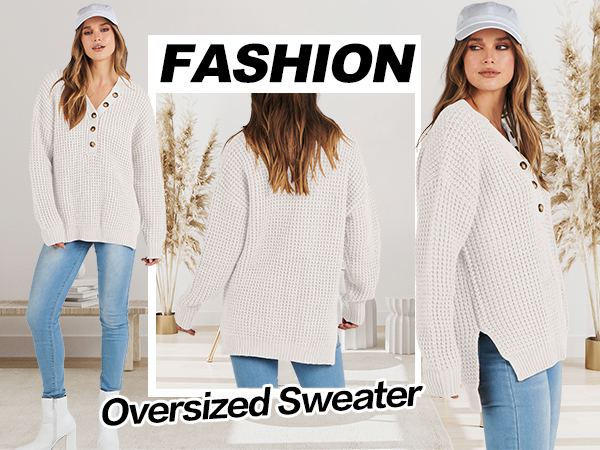 Henley Sweater 2023 Fall Trendy Loose Fitting Waffle Knit Pullover Tops