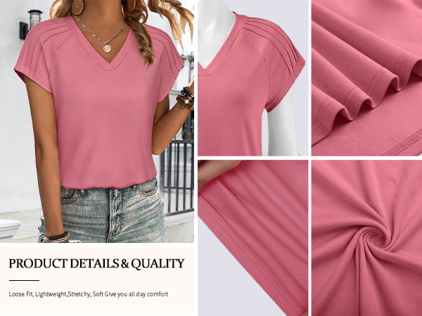 womens summer tops 2024 trendy cute v neck tee t shirts pleated sleeve womens summer tops