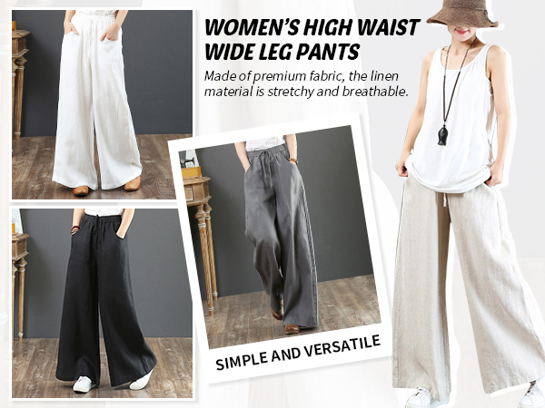 Women''s Loose Trousers Linen High Waist Wide Leg Pants with Pockets for Spring Summer